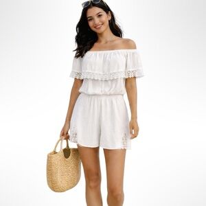COTTON ON White Off The Shoulder White Gauze Short Romper with Lace trim